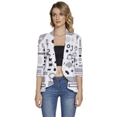 Pattern Hipster Abstract Form Geometric Line Variety Shapes Polkadots Fashion Style Seamless Women s 3/4 Sleeve Ruffle Edge Open Front Jacket by Salman4z