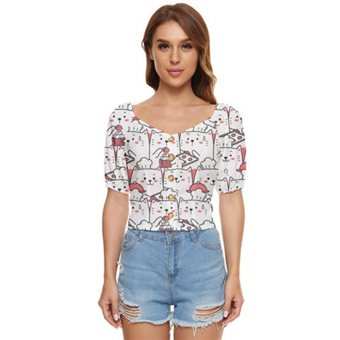 Cute Cat Chef Cooking Seamless Pattern Cartoon Button Up Blouse by Salman4z