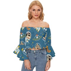 Seamless-pattern-funny-astronaut-outer-space-transportation Off Shoulder Flutter Bell Sleeve Top by Salman4z