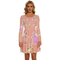 Cute-kawaii-kittens-seamless-pattern Long Sleeve Wide Neck Velvet Dress by Salman4z