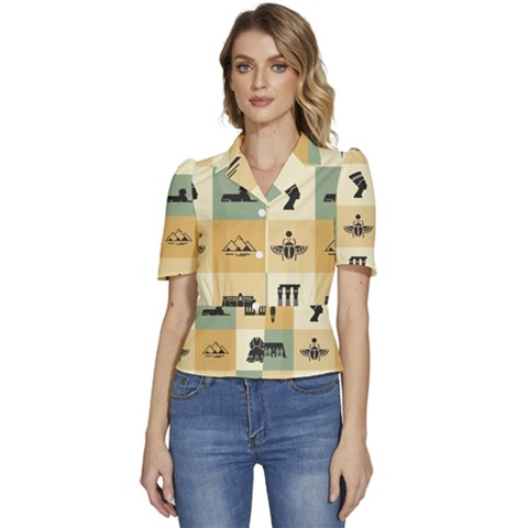 Egyptian-flat-style-icons Puffed Short Sleeve Button Up Jacket by Salman4z