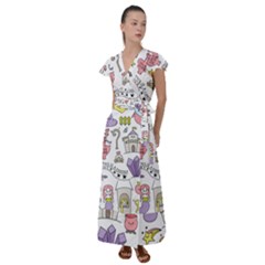 Fantasy-things-doodle-style-vector-illustration Flutter Sleeve Maxi Dress by Salman4z