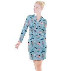 Beach-surfing-surfers-with-surfboards-surfer-rides-wave-summer-outdoors-surfboards-seamless-pattern- Button Long Sleeve Dress by Salman4z