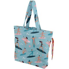 Beach-surfing-surfers-with-surfboards-surfer-rides-wave-summer-outdoors-surfboards-seamless-pattern- Drawstring Tote Bag by Salman4z