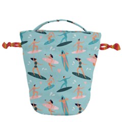 Beach-surfing-surfers-with-surfboards-surfer-rides-wave-summer-outdoors-surfboards-seamless-pattern- Drawstring Bucket Bag by Salman4z