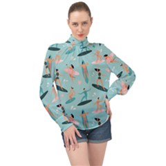 Beach-surfing-surfers-with-surfboards-surfer-rides-wave-summer-outdoors-surfboards-seamless-pattern- High Neck Long Sleeve Chiffon Top by Salman4z