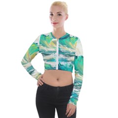 Waves Ocean Sea Tsunami Nautical Painting Long Sleeve Cropped Velvet Jacket by Ravend