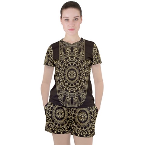 Hamsa-hand-drawn-symbol-with-flower-decorative-pattern Women s Tee And Shorts Set by Salman4z