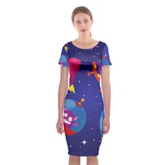 Cartoon-funny-aliens-with-ufo-duck-starry-sky-set Classic Short Sleeve Midi Dress by Salman4z