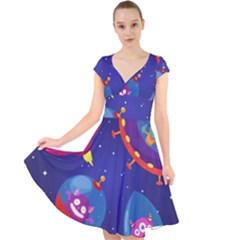 Cartoon-funny-aliens-with-ufo-duck-starry-sky-set Cap Sleeve Front Wrap Midi Dress by Salman4z
