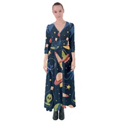 Seamless-pattern-with-funny-aliens-cat-galaxy Button Up Maxi Dress by Salman4z