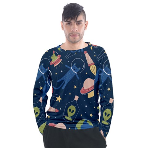 Seamless-pattern-with-funny-aliens-cat-galaxy Men s Long Sleeve Raglan Tee by Salman4z