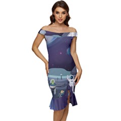 Alien-astronaut-scene Off Shoulder Ruffle Split Hem Bodycon Dress by Salman4z