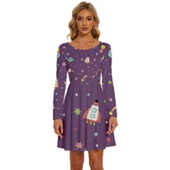 Space-travels-seamless-pattern-vector-cartoon Long Sleeve Wide Neck Velvet Dress by Salman4z