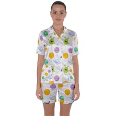 Seamless-pattern-cartoon-space-planets-isolated-white-background Satin Short Sleeve Pajamas Set by Salman4z