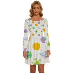 Seamless-pattern-cartoon-space-planets-isolated-white-background Long Sleeve Wide Neck Velvet Dress by Salman4z