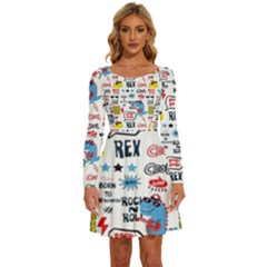 Monster-cool-seamless-pattern Long Sleeve Wide Neck Velvet Dress by Salman4z
