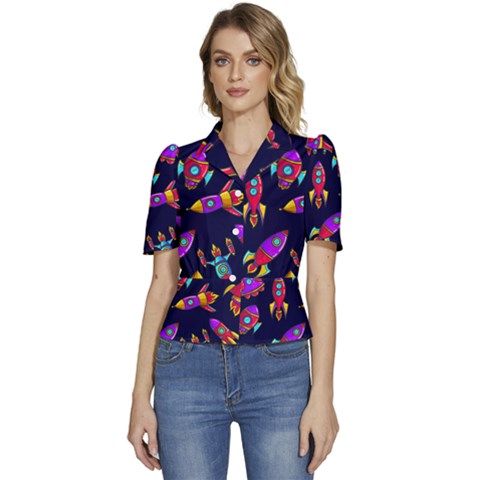 Space-patterns Puffed Short Sleeve Button Up Jacket by Salman4z