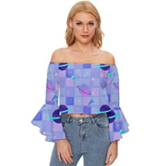 Seamless-pattern-pastel-galaxy-future Off Shoulder Flutter Bell Sleeve Top by Salman4z