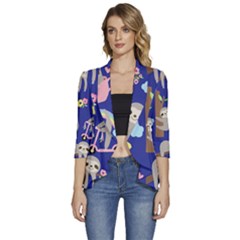 Hand-drawn-cute-sloth-pattern-background Women s 3/4 Sleeve Ruffle Edge Open Front Jacket by Salman4z