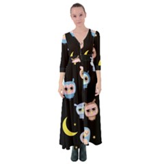 Cute-owl-doodles-with-moon-star-seamless-pattern Button Up Maxi Dress by Salman4z
