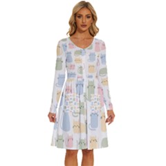 Cute-cat-colorful-cartoon-doodle-seamless-pattern Long Sleeve Dress With Pocket by Salman4z