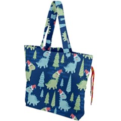Cute Dinosaurs Animal Seamless Pattern Doodle Dino Winter Theme Drawstring Tote Bag by pakminggu