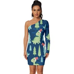 Cute Dinosaurs Animal Seamless Pattern Doodle Dino Winter Theme Long Sleeve One Shoulder Mini Dress by pakminggu