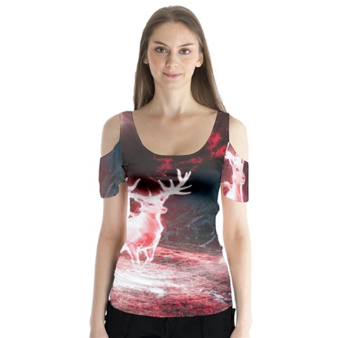 Deer Animal Moon Planet Space Fantasy Butterfly Sleeve Cutout Tee  by pakminggu