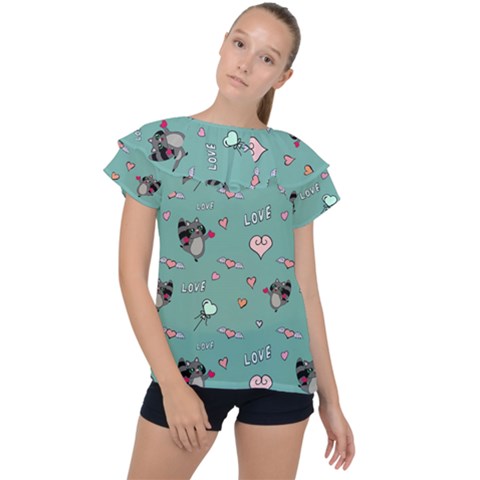 Raccoon Texture Seamless Scrapbooking Hearts Ruffle Collar Chiffon Blouse by pakminggu