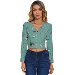 Raccoon Texture Seamless Scrapbooking Hearts Long Sleeve V-neck Top by pakminggu