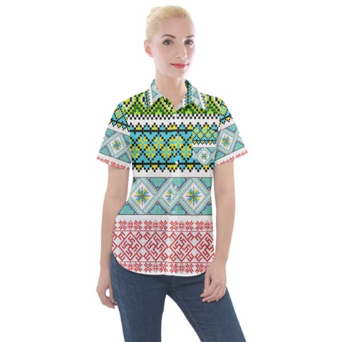 Ukraine Ornament Pattern Symbolism Geometric Women s Short Sleeve Pocket Shirt by pakminggu