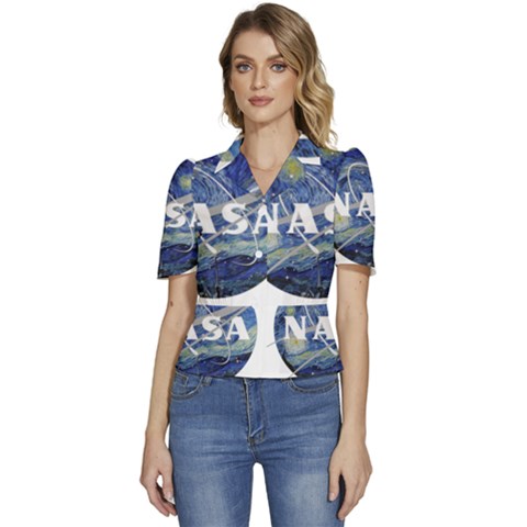 Vincent Van Gogh Starry Night Art Painting Planet Galaxy Puffed Short Sleeve Button Up Jacket by Mog4mog4