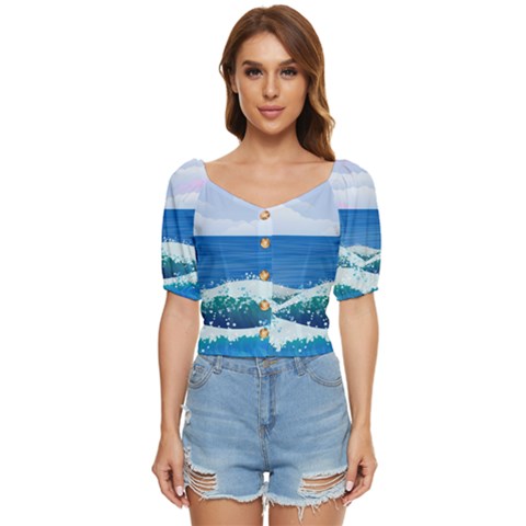 Illustration Landscape Sea Ocean Waves Beach Blue Button Up Blouse by Mog4mog4