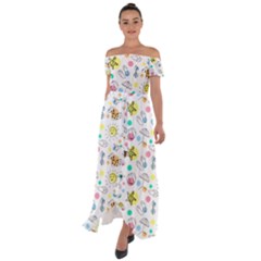Summer Pattern Colorful Drawing Doodle Off Shoulder Open Front Chiffon Dress by Bakwanart