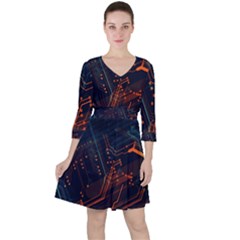 Abstract Colorful Circuit Quarter Sleeve Ruffle Waist Dress by Bakwanart