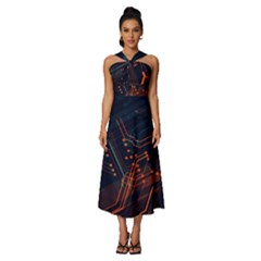 Abstract Colorful Circuit Sleeveless Cross Front Cocktail Midi Chiffon Dress by Bakwanart