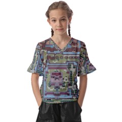 Arcade Game Retro Pattern Kids  V-neck Horn Sleeve Blouse by Bakwanart
