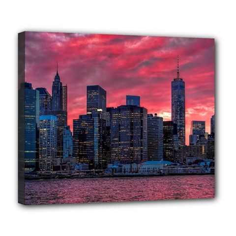 Skyline Sunset United States Reflection Usa,new York Manhattan Deluxe Canvas 24  X 20  (stretched) by Bakwanart