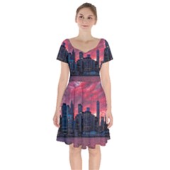 Skyline Sunset United States Reflection Usa,new York Manhattan Short Sleeve Bardot Dress by Bakwanart