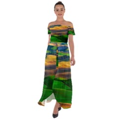 Grassland Nature Palouse Green Field Hill Sky Butte Off Shoulder Open Front Chiffon Dress by Bakwanart