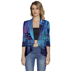 Digital Art Artwork Illustration Vector Buiding City Women s 3/4 Sleeve Ruffle Edge Open Front Jacket by 99art