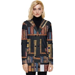 Assorted Title Of Books Piled In The Shelves Assorted Book Lot Inside The Wooden Shelf Button Up Hooded Coat  by 99art