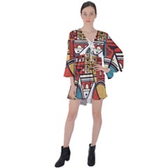 Amsterdam Graphic Design Poster Illustration V-neck Flare Sleeve Mini Dress by 99art