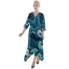 Waves Ocean Sea Abstract Whimsical Abstract Art Quarter Sleeve Wrap Front Maxi Dress by Cowasu