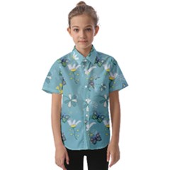 Butterfly Flower Blue Background Kids  Short Sleeve Shirt by danenraven
