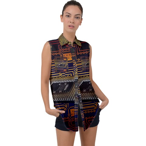 Processor Cpu Board Circuit Sleeveless Chiffon Button Shirt by Wav3s