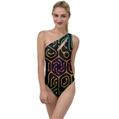 Circuit Hexagonal Geometric Pattern Background Pattern To One Side Swimsuit by Wav3s