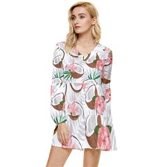 Seamless Pattern Coconut Piece Palm Leaves With Pink Hibiscus Tiered Long Sleeve Mini Dress by Vaneshart