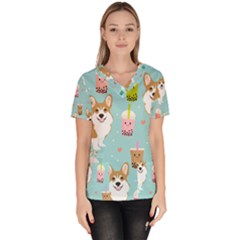 Welsh Corgi Boba Tea Bubble Cute Kawaii Dog Breed Women s V-neck Scrub Top by Wav3s